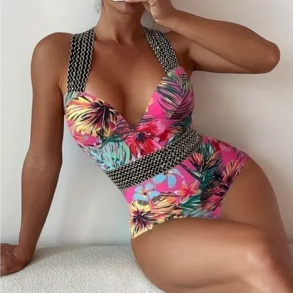 Shein Pink Tropical Stitch Pushup One Piece Swimsuit Bikini L - Picture 2 of 11